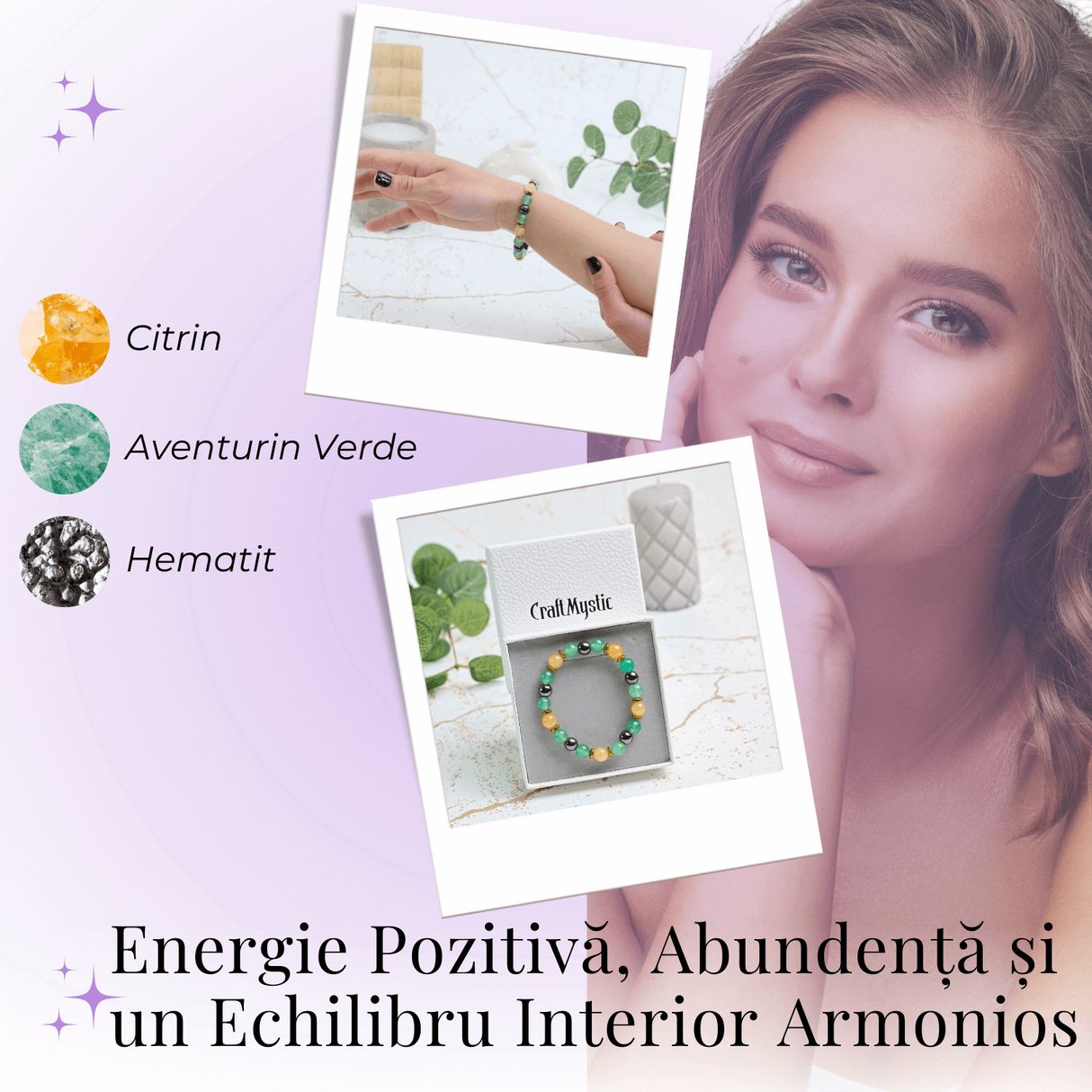 Bratara Elastica Energetizanta cu Margele 8mm din Citrin, Aventurin Verde si Hematit - Armonie si Echilibru