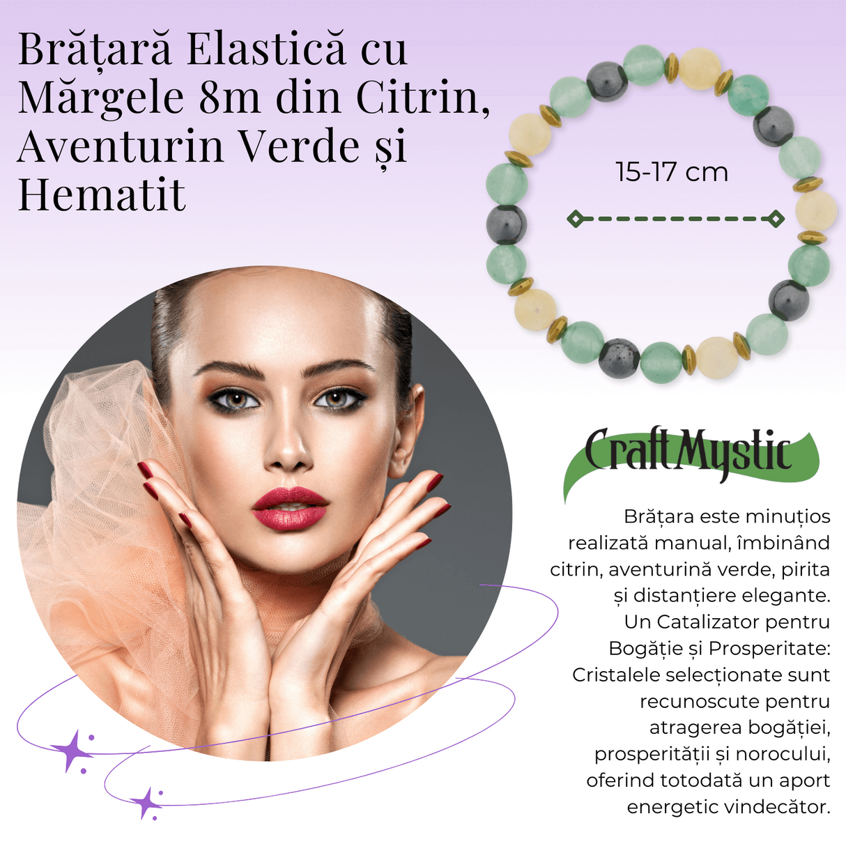 Bratara Elastica Energetizanta cu Margele 8mm din Citrin, Aventurin Verde si Hematit - Armonie si Echilibru