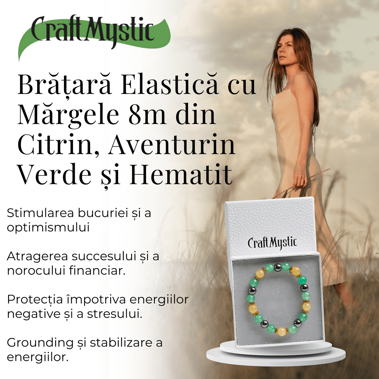Bratara Elastica Energetizanta cu Margele 8mm din Citrin, Aventurin Verde si Hematit - Armonie si Echilibru