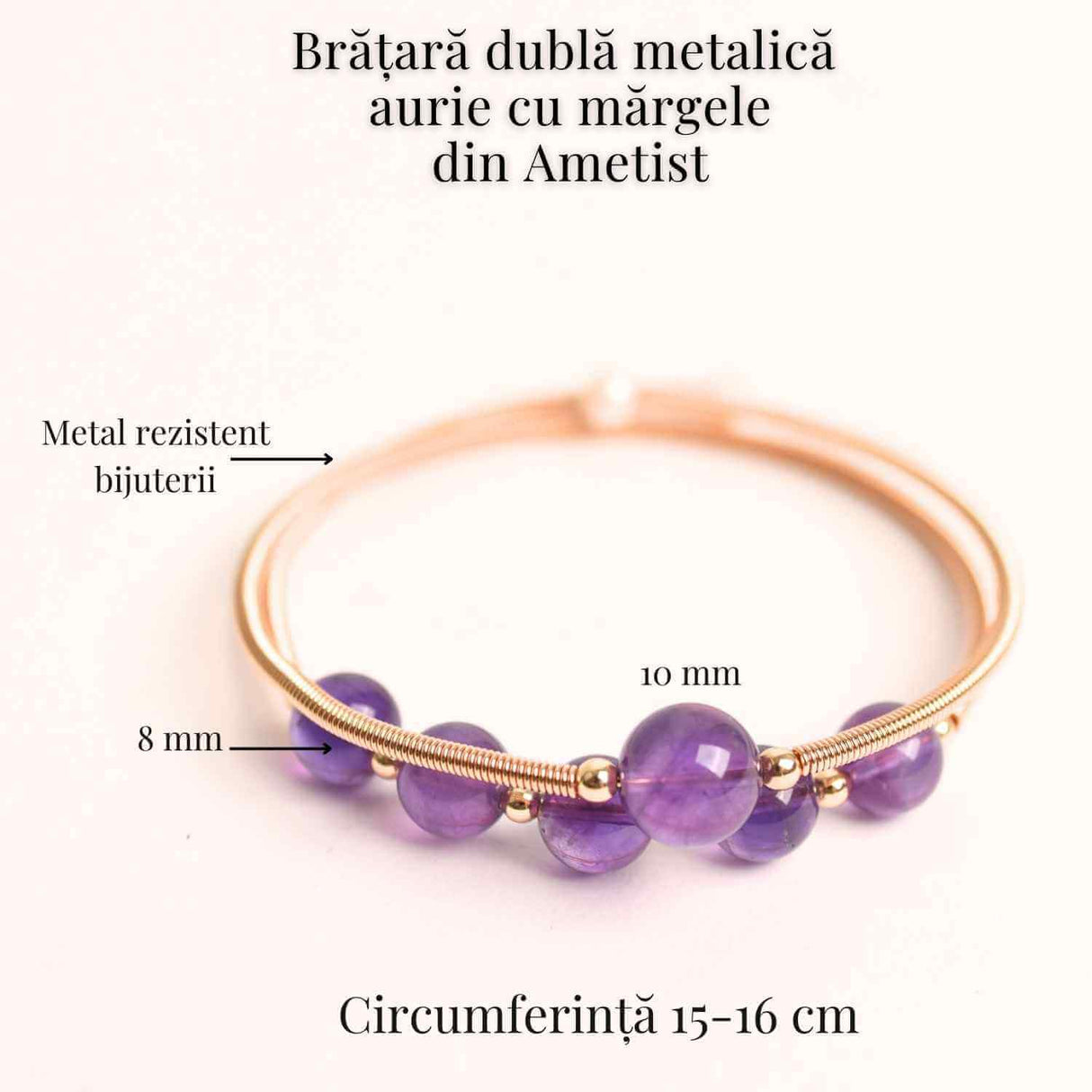 Bratara dubla metalica aurie cu ametist natural pentru calm si claritate mentala