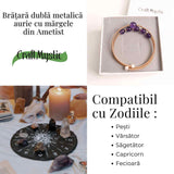 Bratara dubla metalica aurie cu ametist natural pentru calm si claritate mentala