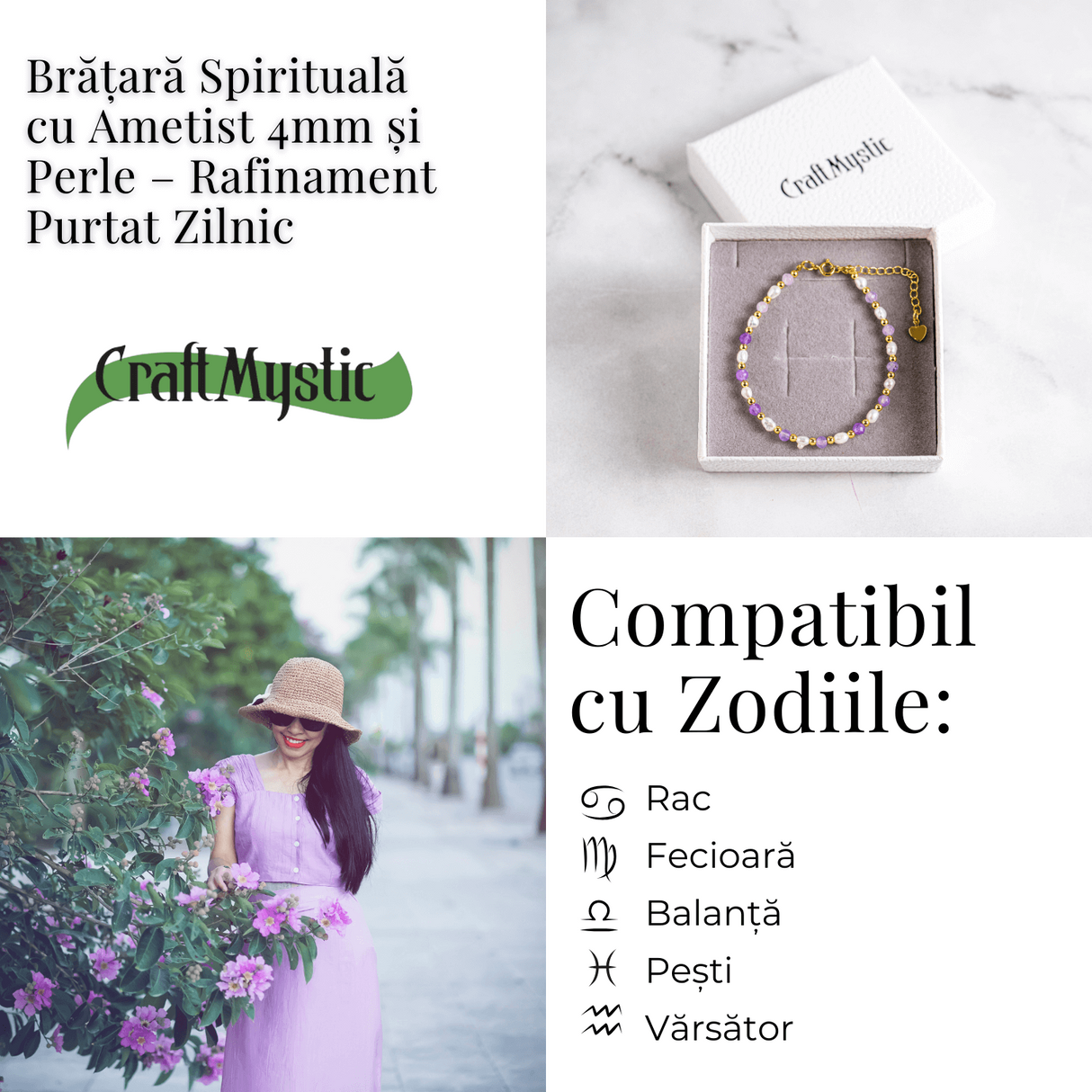 Bratara spirituala cu ametist 4mm si perle – Rafinament purtat zilnic