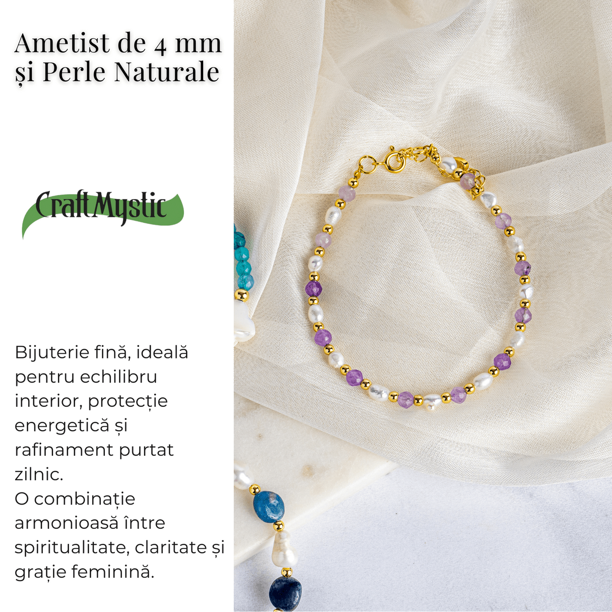 Bratara spirituala cu ametist 4mm si perle – Rafinament purtat zilnic