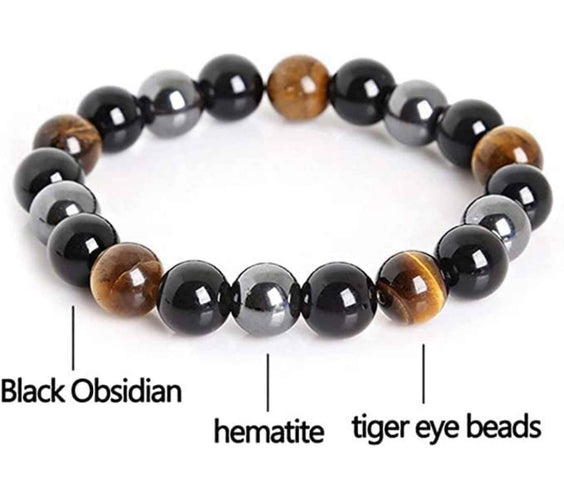 Bratara cu tripla protectie din obsidian negru, ochi de tigru si hematit 10 mm - Bratara feng shui pentru protectie, noroc si prosperitate