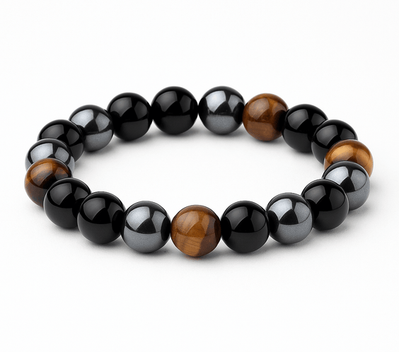 Bratara cu tripla protectie din obsidian negru, ochi de tigru si hematit 10 mm - Bratara feng shui pentru protectie, noroc si prosperitate