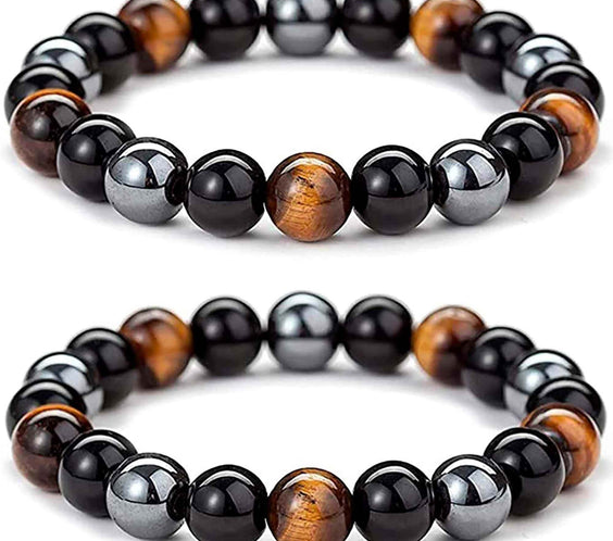 Bratara cu tripla protectie din obsidian negru, ochi de tigru si hematit 10 mm - Bratara feng shui pentru protectie, noroc si prosperitate