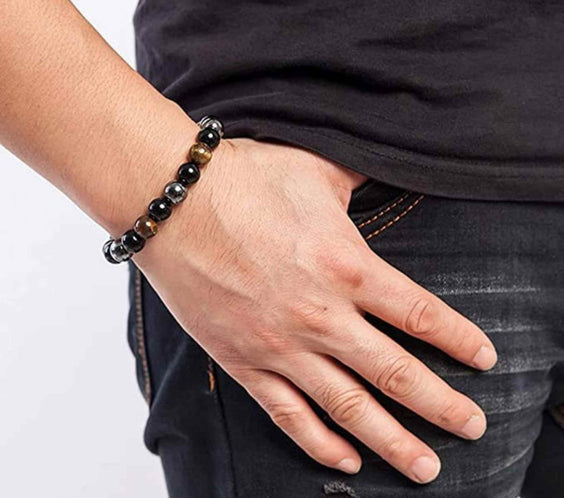 Bratara cu tripla protectie din obsidian negru, ochi de tigru si hematit 10 mm - Bratara feng shui pentru protectie, noroc si prosperitate