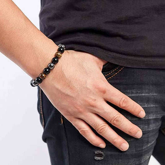 Bratara cu tripla protectie din obsidian negru, ochi de tigru si hematit 10 mm - Bratara feng shui pentru protectie, noroc si prosperitate