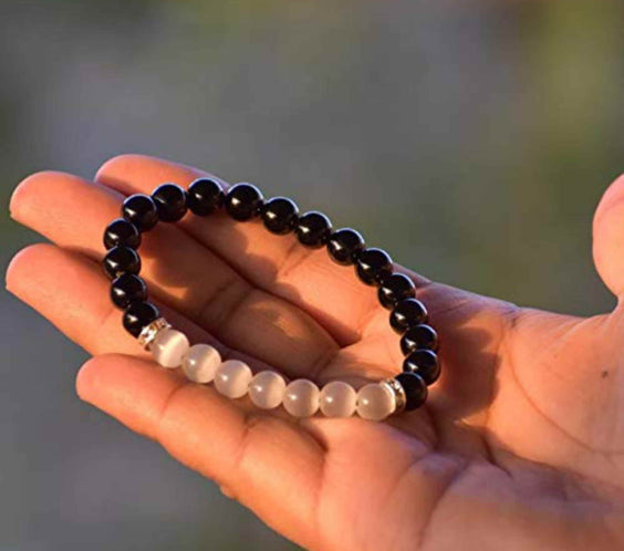 Bratara cu margele 8mm din cristale naturale Obsidian negru si selenit pentru dragoste