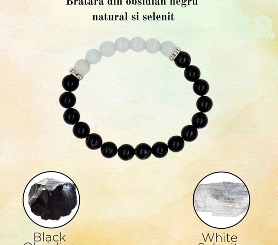 Bratara cu margele 8mm din cristale naturale Obsidian negru si selenit pentru dragoste