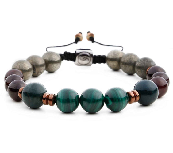 Bratara de cristal cu margele 8mm cu malachit, pirit, piatra de sange si piatra de granat - Bratari spirituale si chakre pentru femei si barbati pentru noroc si noroc