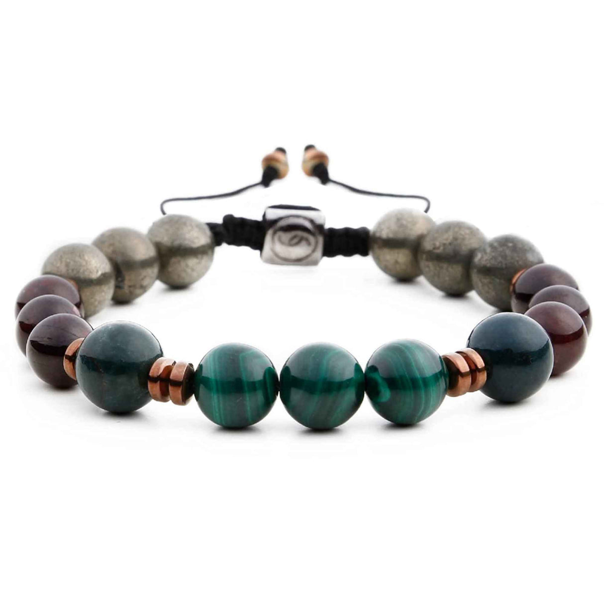 Bratara de cristal cu margele 8mm cu malachit, pirit, piatra de sange si piatra de granat - Bratari spirituale si chakre pentru femei si barbati pentru noroc si noroc