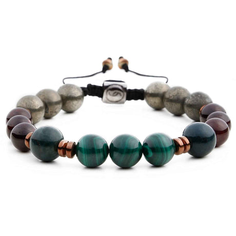 Bratara de cristal cu margele 8mm cu malachit, pirit, piatra de sange si piatra de granat - Bratari spirituale si chakre pentru femei si barbati pentru noroc si noroc