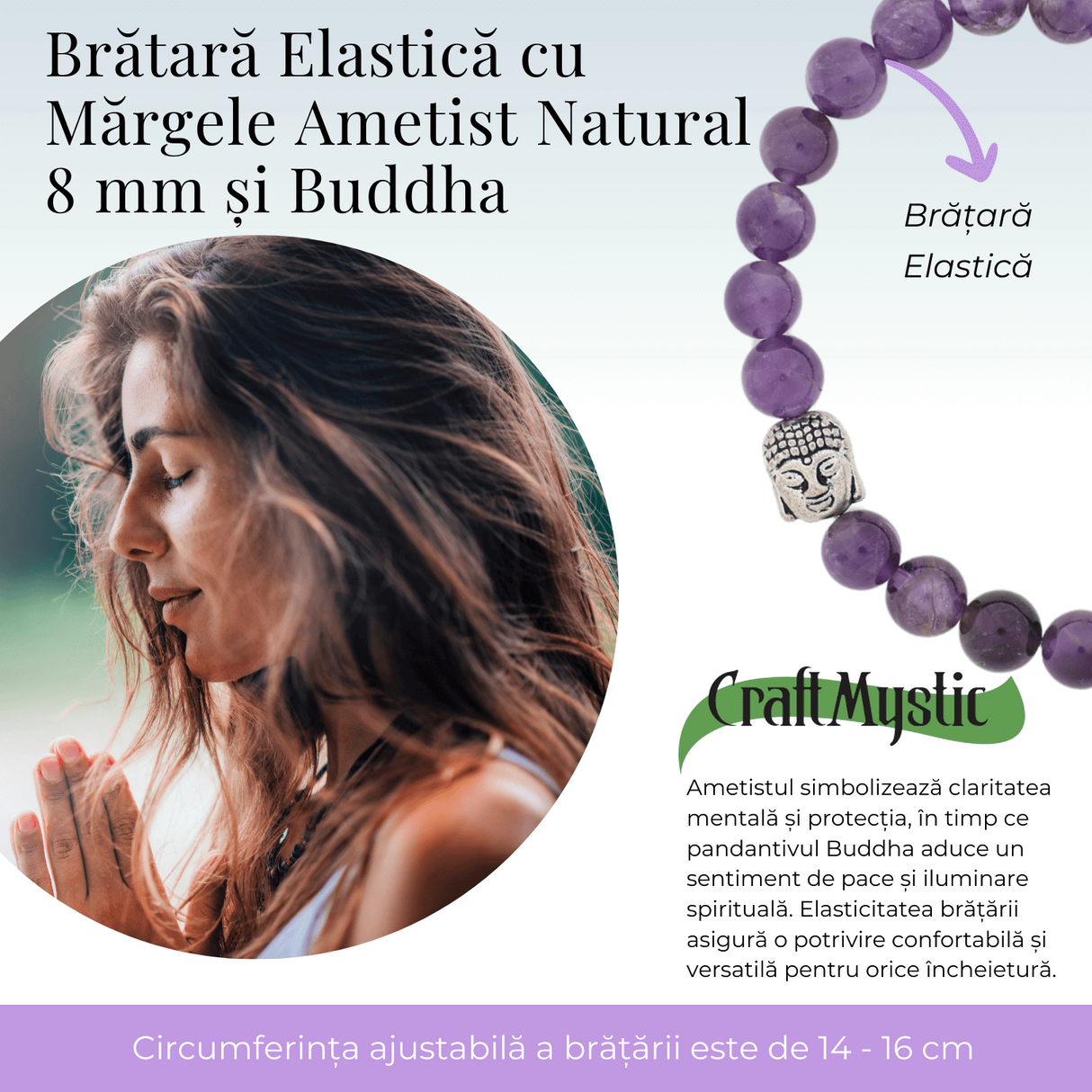 Bratara Reiki Ametist Natural 8mm cu Accesoriu Buddha