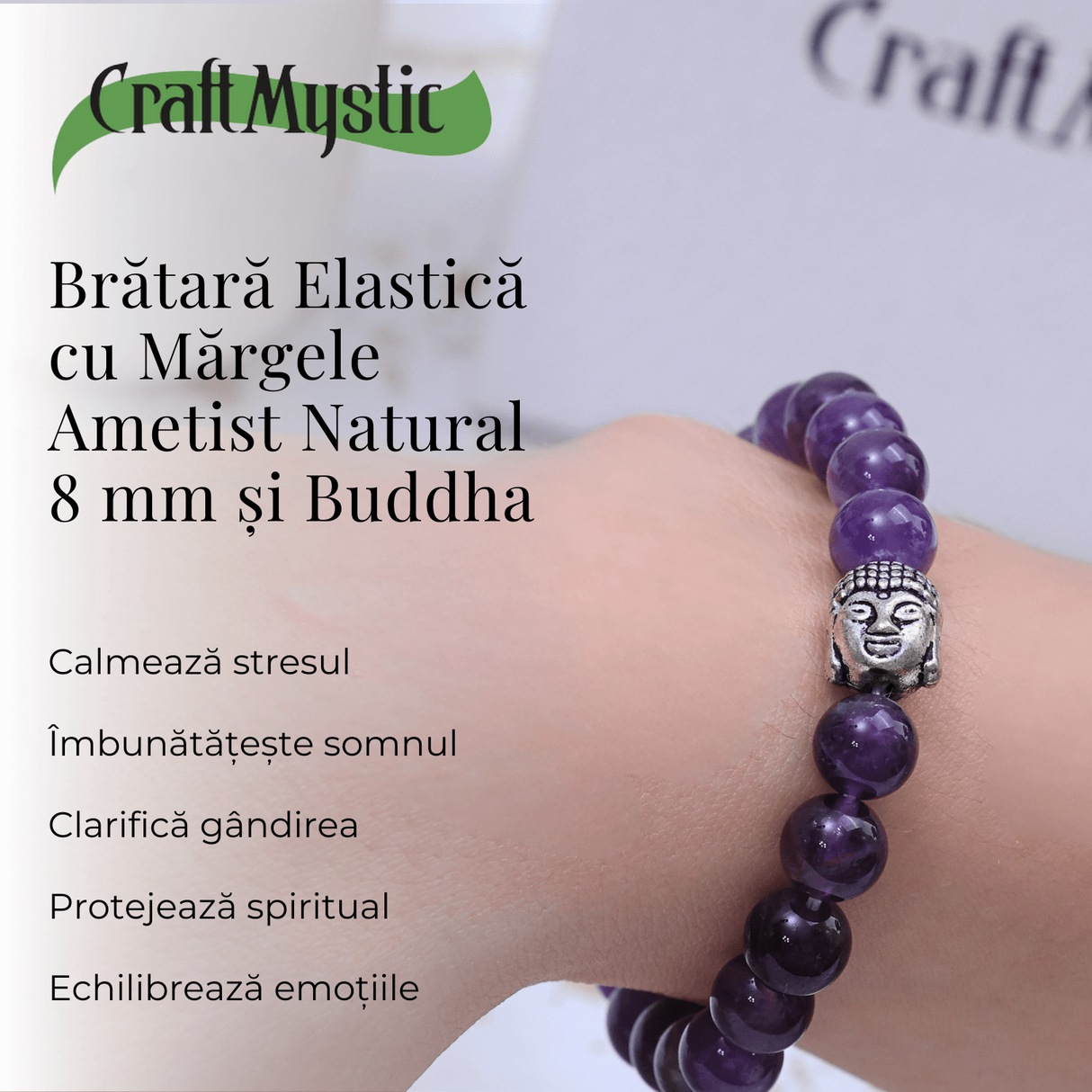 Bratara Reiki Ametist Natural 8mm cu Accesoriu Buddha