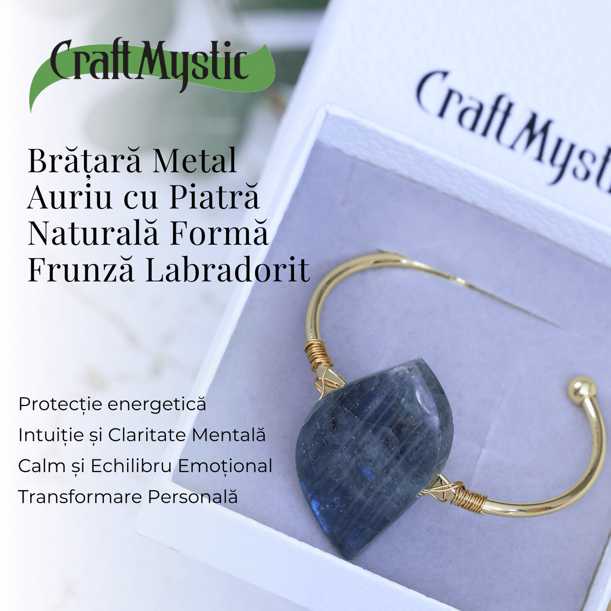 Bratara din Labradorit cu piatra 3.5-4 cm aurie pentru Protectie energetica