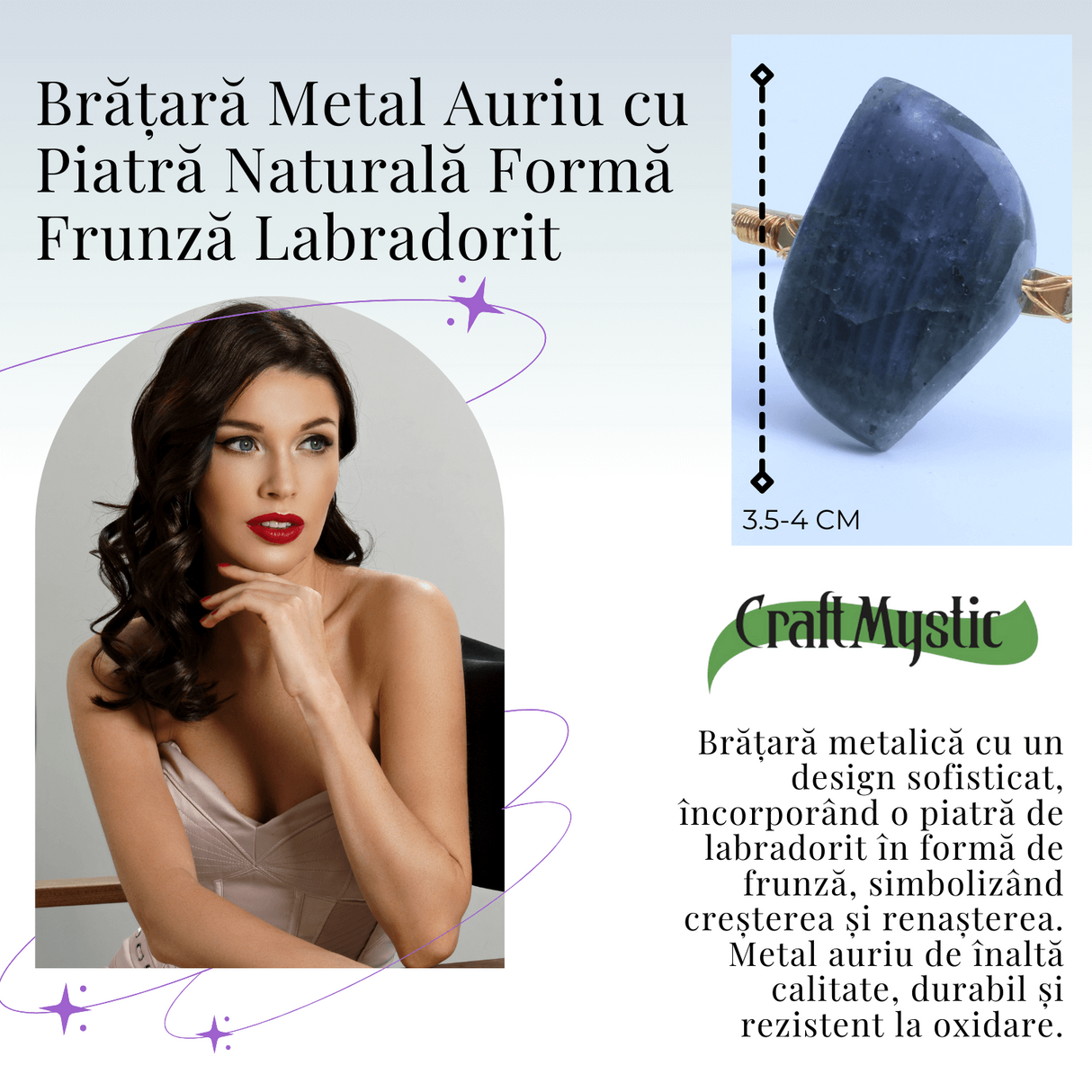 Bratara din Labradorit cu piatra 3.5-4 cm aurie pentru Protectie energetica