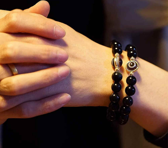 Bratara din obsidian negru si ochi natural de agat - bratara feng shui pentru protectie si noroc