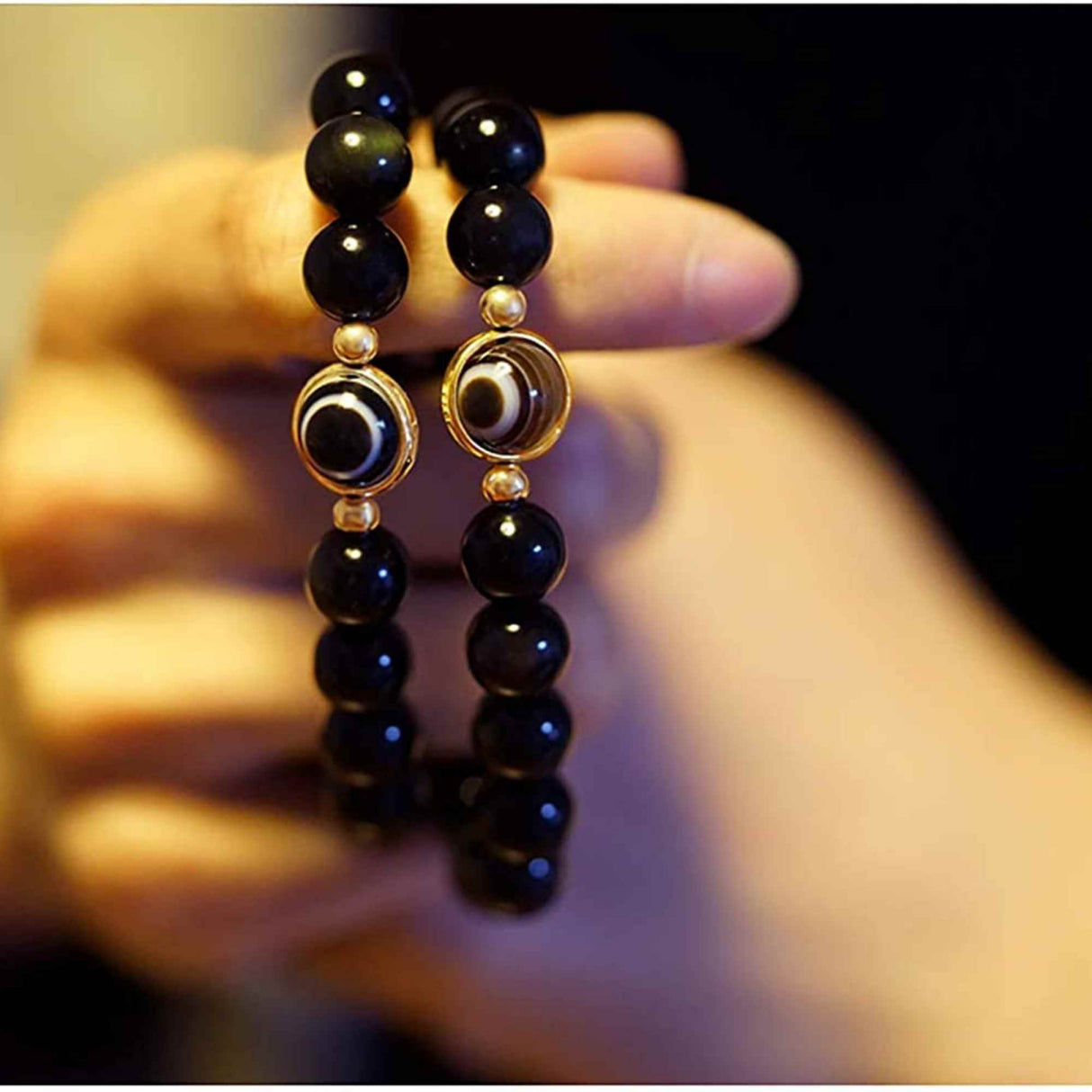 Bratara din obsidian negru si ochi natural de agat - bratara feng shui pentru protectie si noroc