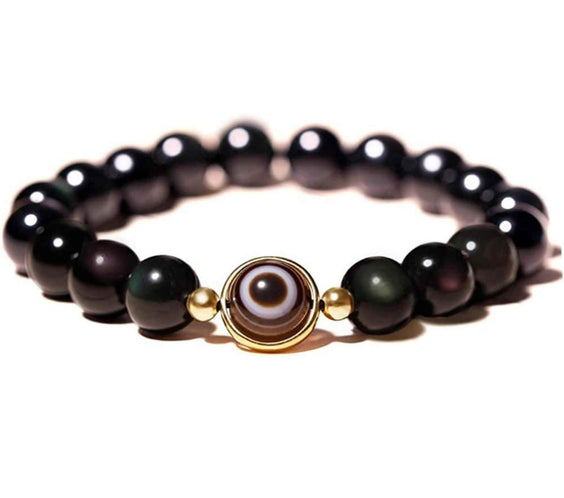 Bratara din obsidian negru si ochi natural de agat - bratara feng shui pentru protectie si noroc