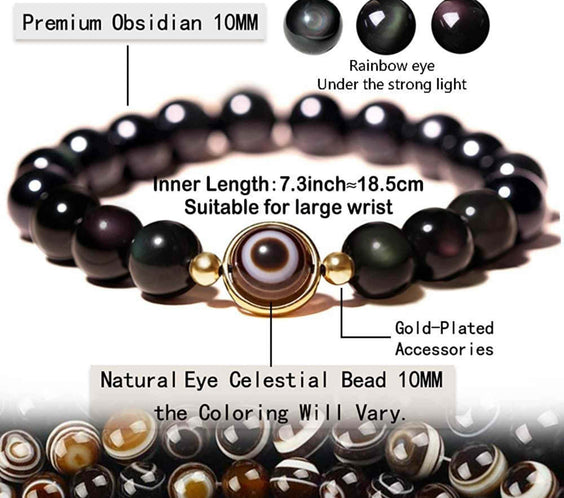 Bratara din obsidian negru si ochi natural de agat - bratara feng shui pentru protectie si noroc