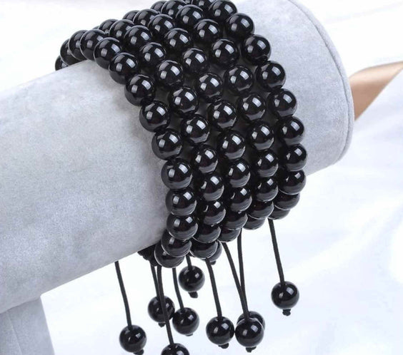 Bratara cu Margele de 8mm din Cristale Semipretioase Onyx Negru, Curea de Mana Reglabila pentru Incheietura Mainii, Eliminator de Energie Negativa