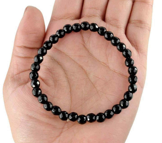 Bratara elastica cu margele de onix negru stralucitor natural de 6 mm - Adevar + Forta - Bratara unisex cu margele neagra de inalta calitate pentru barbati si femei - Dimensiune reglabila