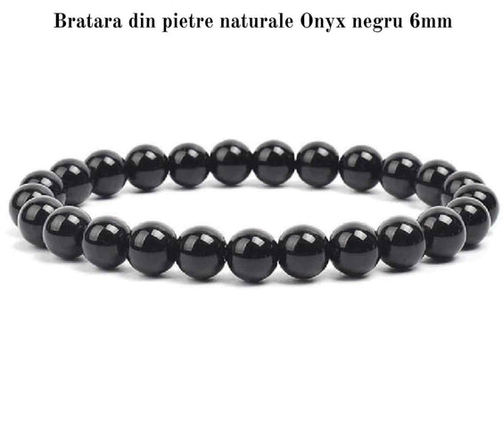 Bratara elastica cu margele de onix negru stralucitor natural de 6 mm - Adevar + Forta - Bratara unisex cu margele neagra de inalta calitate pentru barbati si femei - Dimensiune reglabila