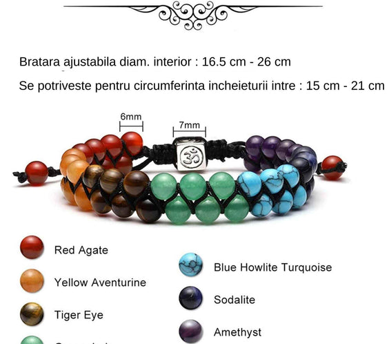 Bratara dubla 7 chakra cu pietre semipretioase naturale cu pigment de culoare de 6 mm – Bratara pentru meditatie