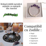 Bratara dubla metalica argintie cu ametist natural pentru calm si claritate mentala