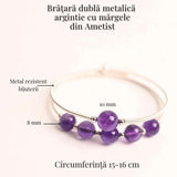 Bratara dubla metalica argintie cu ametist natural pentru calm si claritate mentala