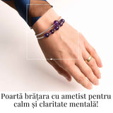 Bratara dubla metalica argintie cu ametist natural pentru calm si claritate mentala