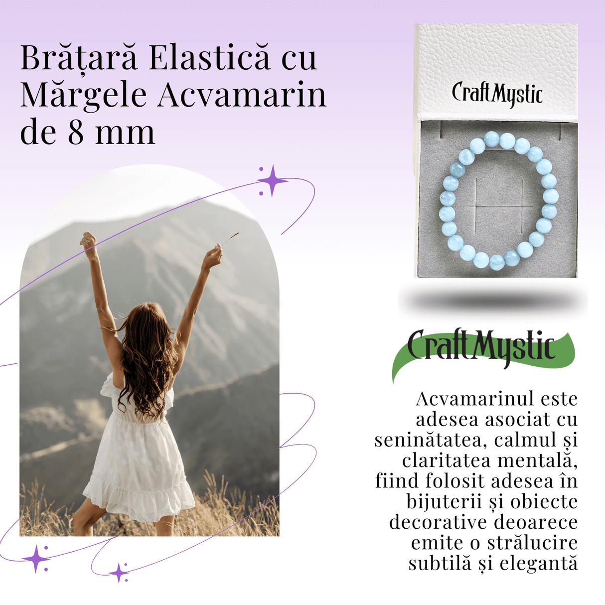Bratara Elastica cu Margele de Acvamarin 8mm - Conexiune cu Oceanul Energiei