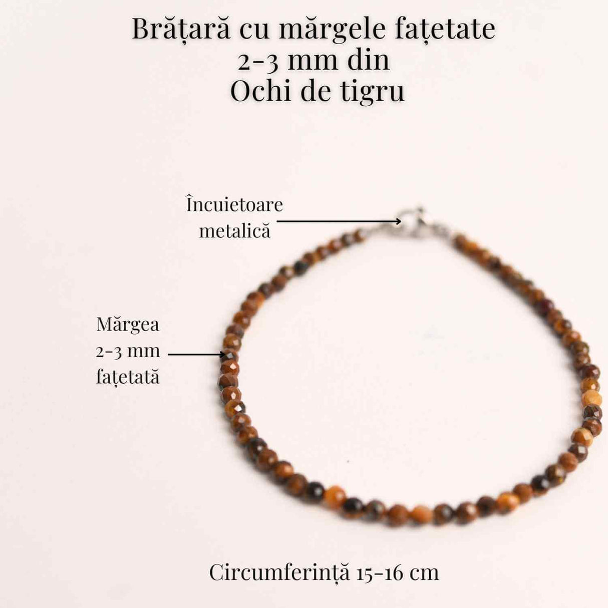 Bratara cu margele 2-3 mm ochi de tigru fatetat natural pentru curaj si protectie energetica