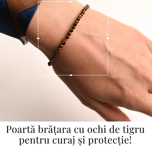 Bratara cu margele 2-3 mm ochi de tigru fatetat natural pentru curaj si protectie energetica