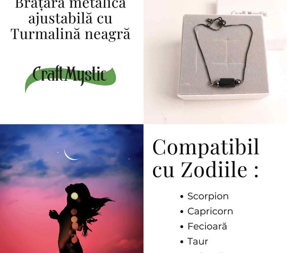 Bratara metalica ajustabila cu turmalina neagra pentru protectie energetica