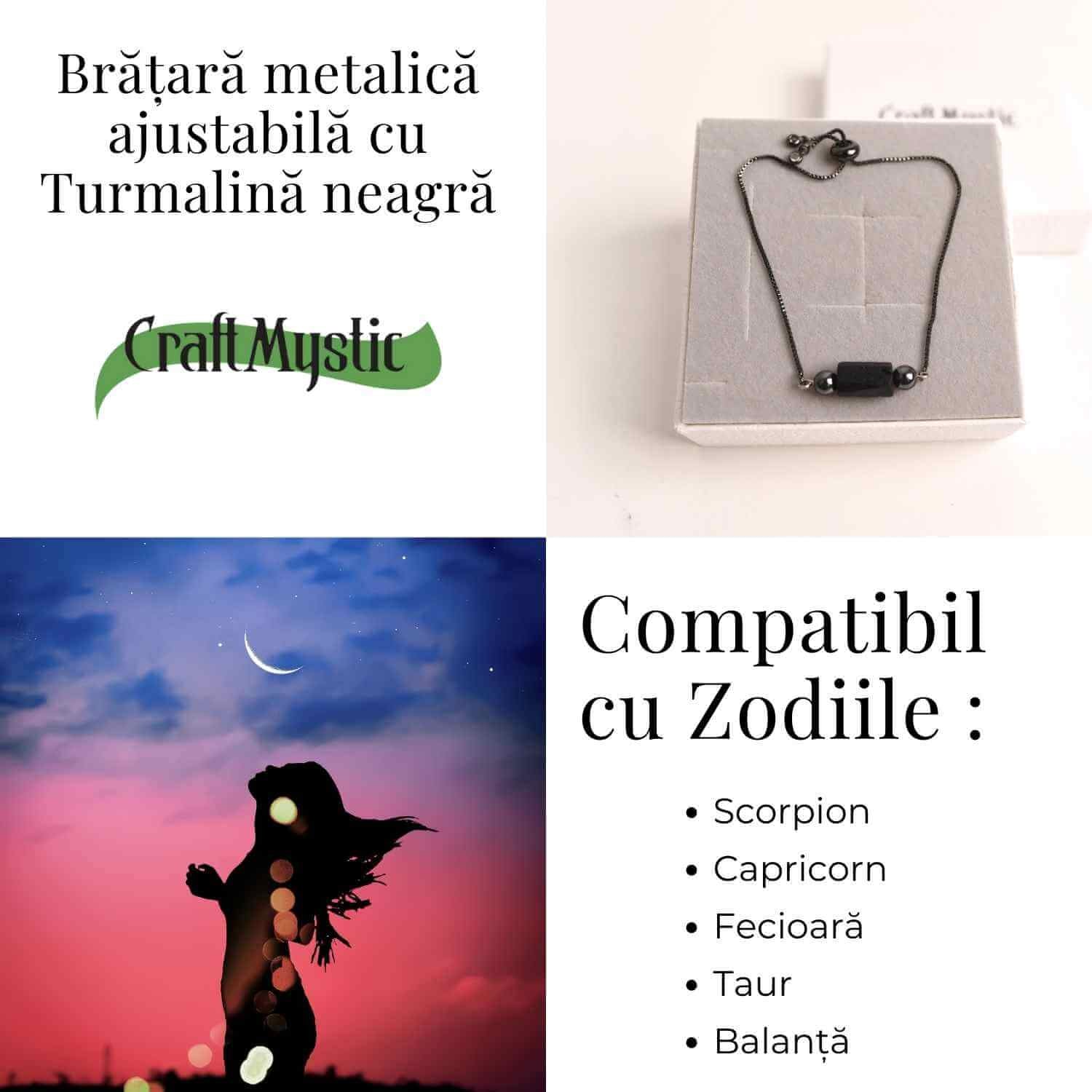 Bratara metalica ajustabila cu turmalina neagra pentru protectie energetica