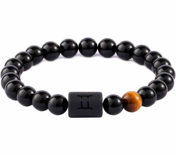 Bratara din pietre naturale 8mm Obsidian si Ochi de Tigru pentru barbati cu cele 12 constelatii - Include dubla gravura cu semn zodiacal specific