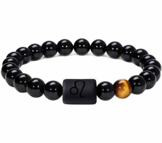 Bratara din pietre naturale 8mm Obsidian si Ochi de Tigru pentru barbati cu cele 12 constelatii - Include dubla gravura cu semn zodiacal specific