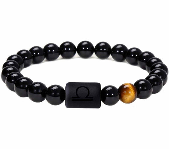 Bratara din pietre naturale 8mm Obsidian si Ochi de Tigru pentru barbati cu cele 12 constelatii - Include dubla gravura cu semn zodiacal specific