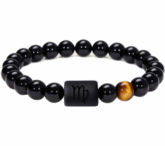 Bratara din pietre naturale 8mm Obsidian si Ochi de Tigru pentru barbati cu cele 12 constelatii - Include dubla gravura cu semn zodiacal specific