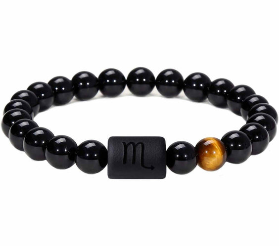 Bratara din pietre naturale 8mm Obsidian si Ochi de Tigru pentru barbati cu cele 12 constelatii - Include dubla gravura cu semn zodiacal specific