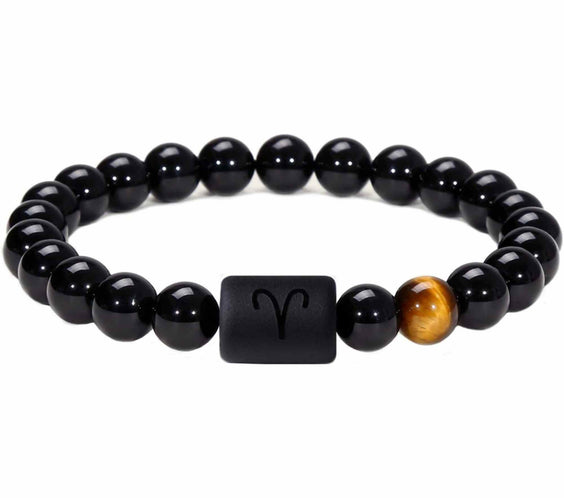 Bratara din pietre naturale 8mm Obsidian si Ochi de Tigru pentru barbati cu cele 12 constelatii - Include dubla gravura cu semn zodiacal specific