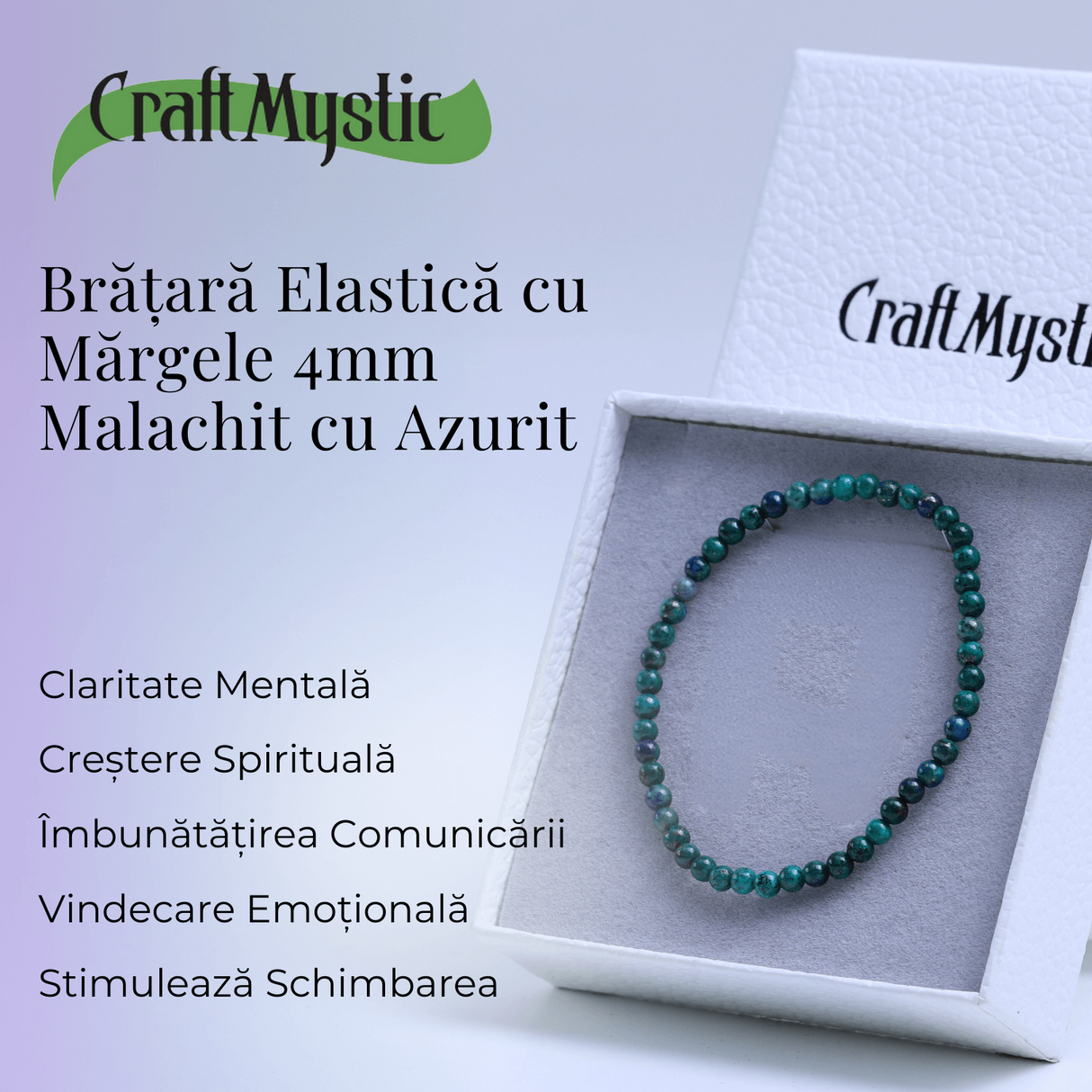 Bratara Elastica cu Margele Naturale de 4mm din Azurit cu Malachit, Protectie si Claritate