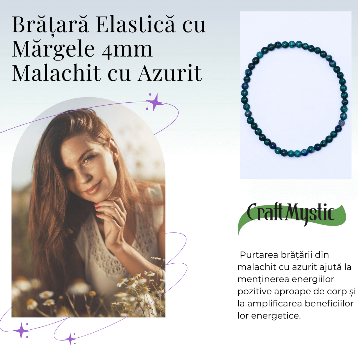 Bratara Elastica cu Margele Naturale de 4mm din Azurit cu Malachit, Protectie si Claritate