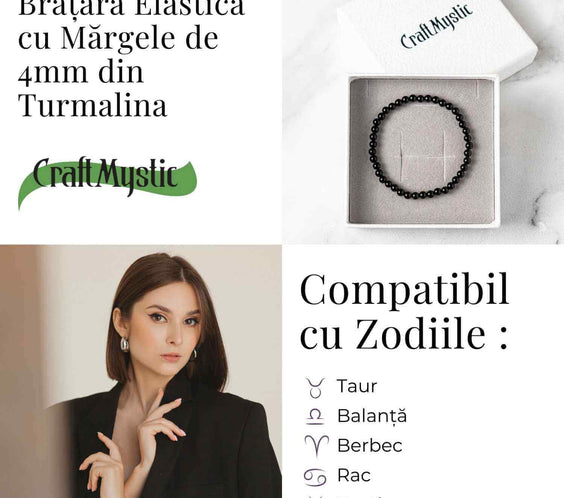 Bratara Elastica cu Margele 4mm din Turmalina Neagra – Protectie Energetica si impamantare
