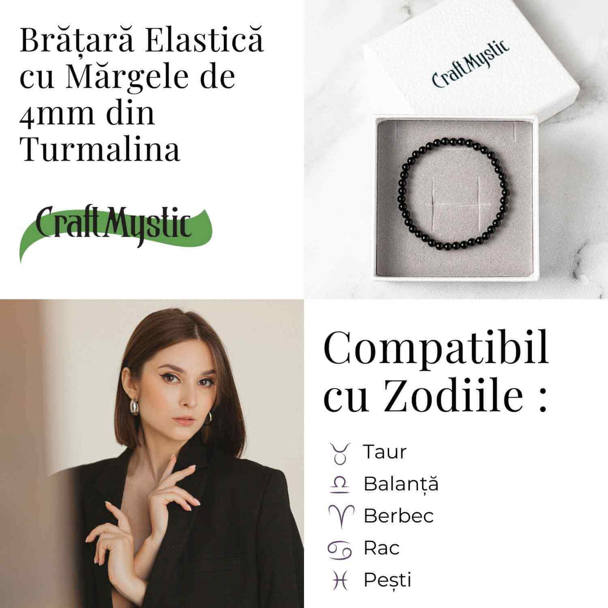Bratara Elastica cu Margele 4mm din Turmalina Neagra – Protectie Energetica si impamantare