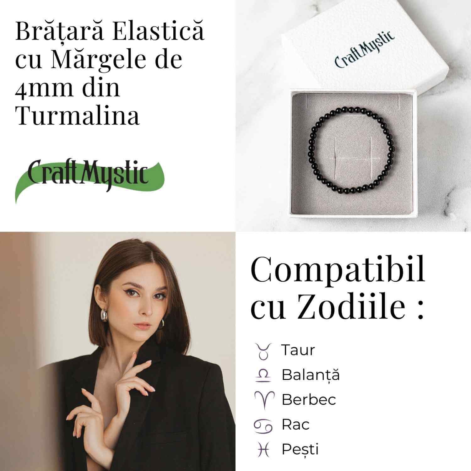 Bratara Elastica cu Margele 4mm din Turmalina Neagra – Protectie Energetica si impamantare