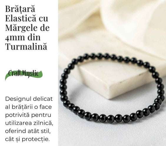 Bratara Elastica cu Margele 4mm din Turmalina Neagra – Protectie Energetica si impamantare
