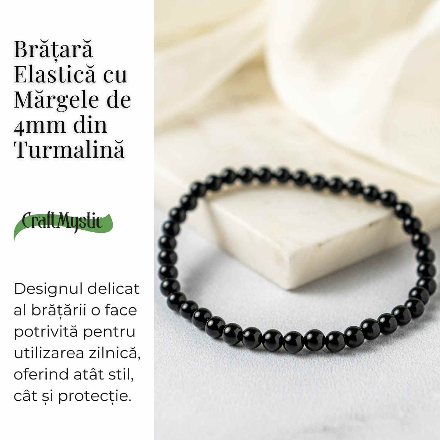 Bratara Elastica cu Margele 4mm din Turmalina Neagra – Protectie Energetica si impamantare